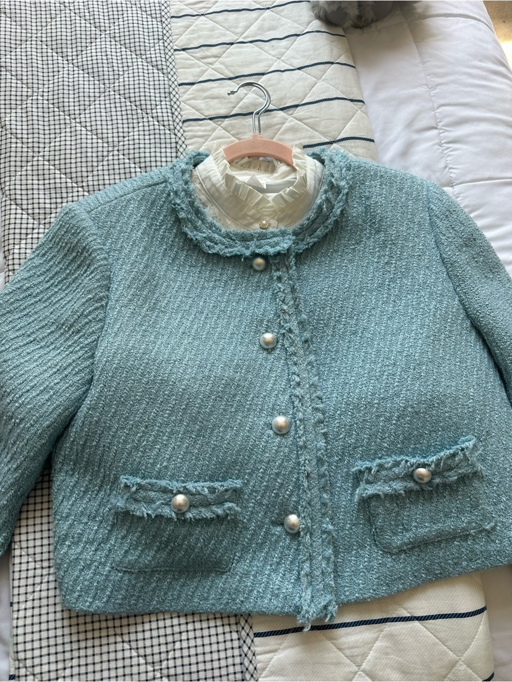 Pearl-Button Textured Cropped Blazer in Light Blue